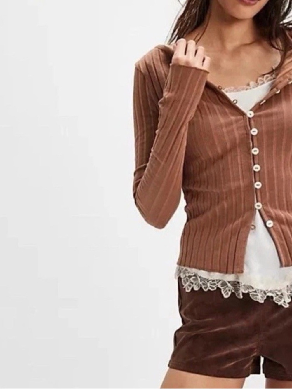 Free People Ribbed Button-Front Brown Cardigan